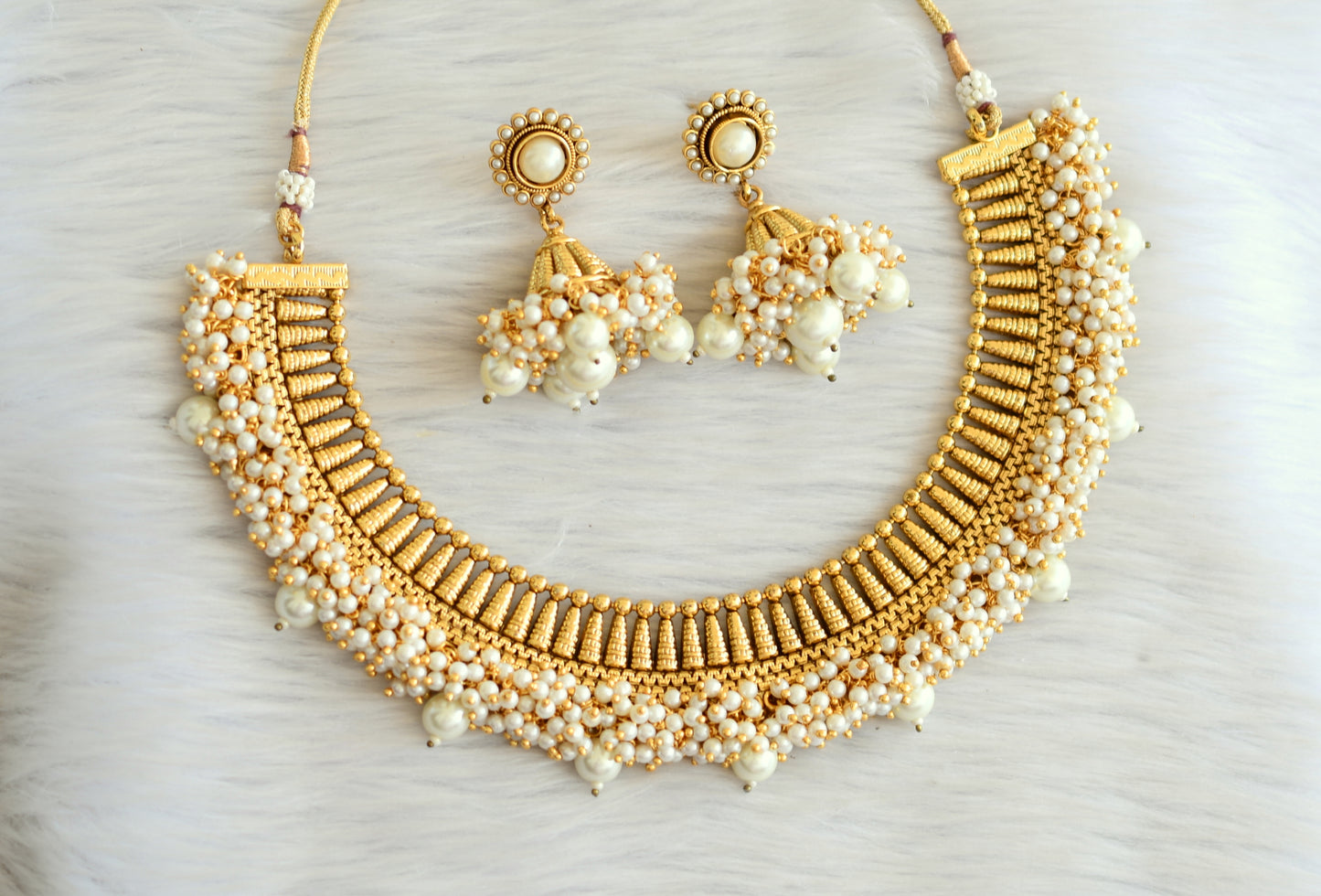 Antique gold tone pearl cluster necklace set dj-13552