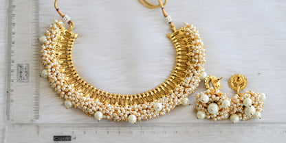 Antique gold tone pearl cluster necklace set dj-13552