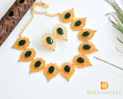 Gold look alike green big stone necklace set dj-34967