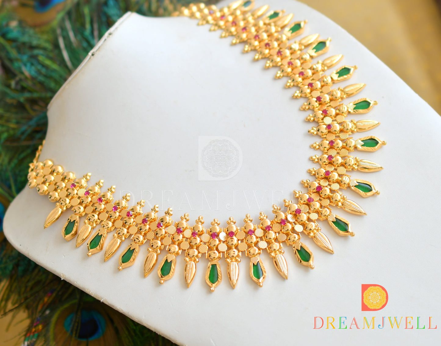 Gold tone Kerala style pink-green Nagapadam mulla mottu necklace dj-36410