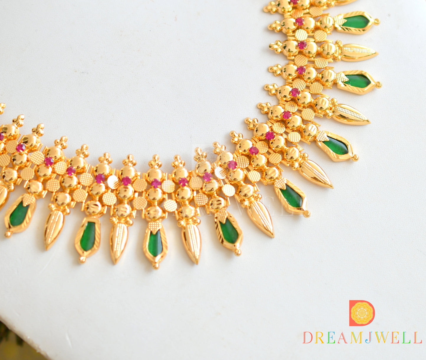 Gold tone Kerala style pink-green Nagapadam mulla mottu necklace dj-36410