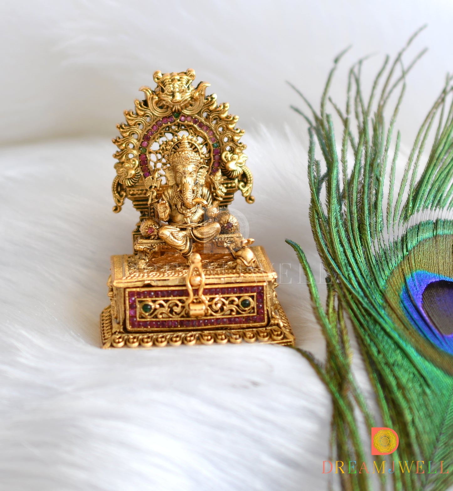 Antique gold kemp-green Ganesha kumkum box dj-37950