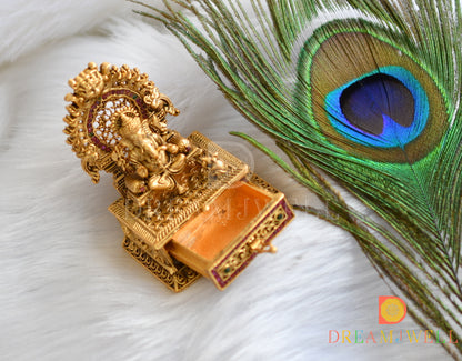 Antique gold kemp-green Ganesha kumkum box dj-37950