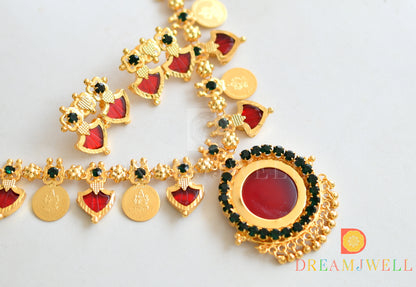 Gold tone Red-green palakka Kerala style Lakshmi coin necklace set dj-36411