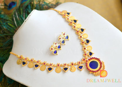 Gold tone Blue palakka Kerala style Lakshmi coin necklace set dj-36412