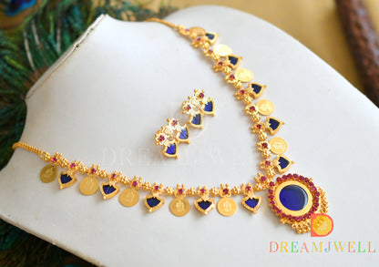 Gold tone Blue palakka Kerala style Lakshmi coin necklace set dj-36412