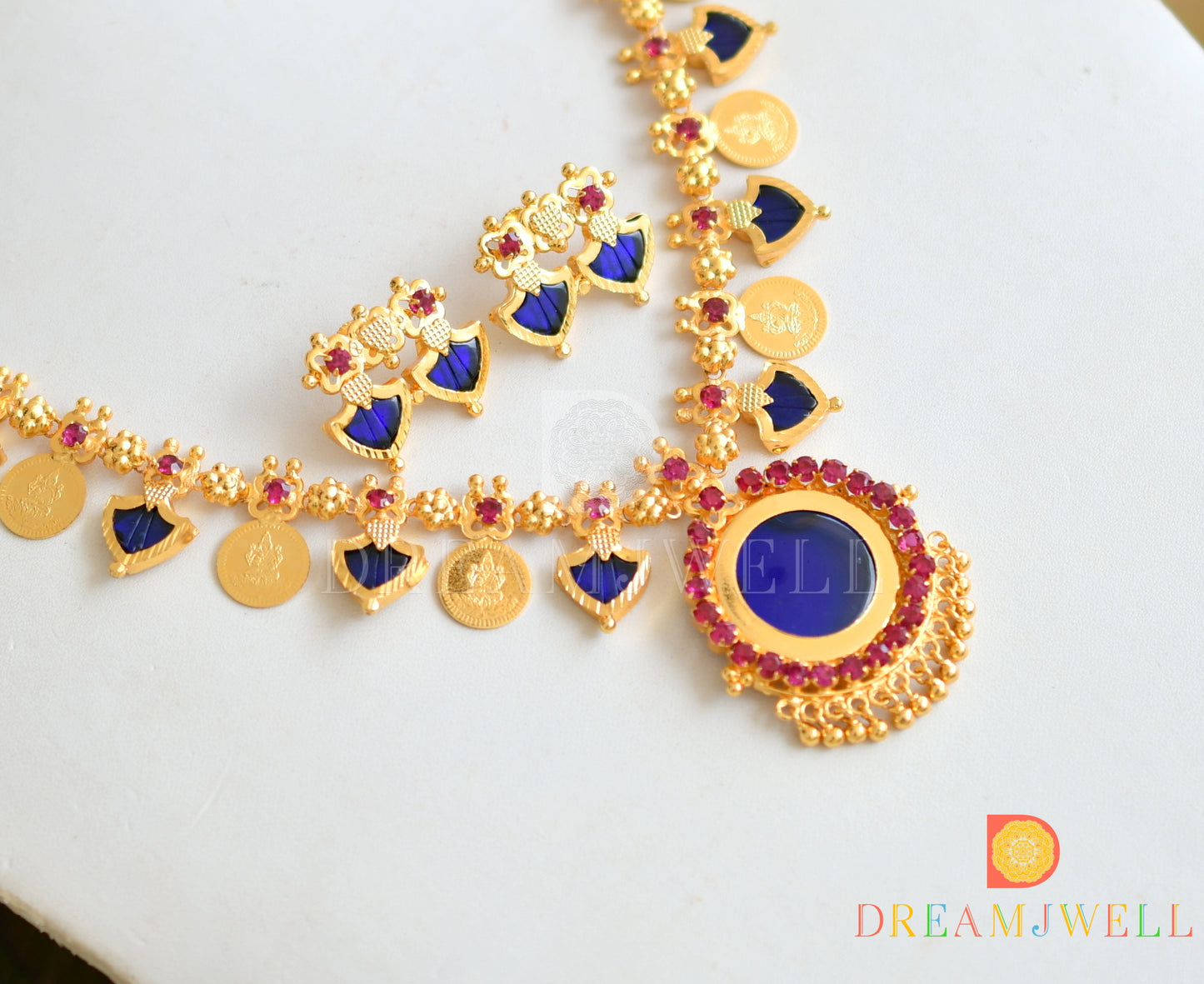 Gold tone Blue palakka Kerala style Lakshmi coin necklace set dj-36412