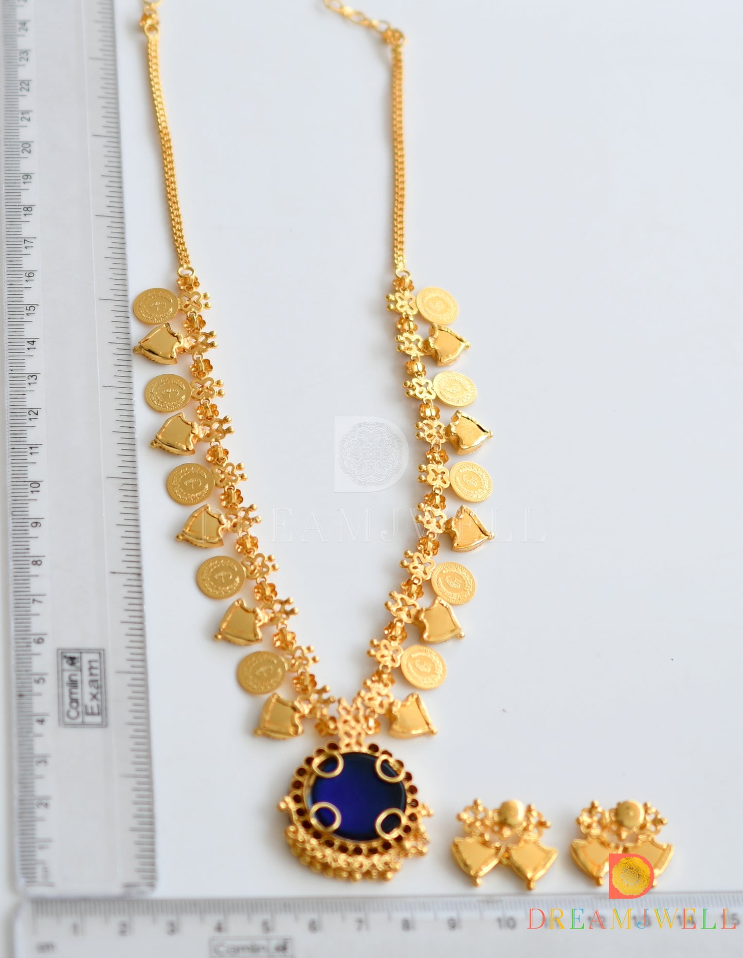 Gold tone Blue palakka Kerala style Lakshmi coin necklace set dj-36412