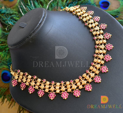 Gold replica Kerala style AD pink stone Lakshmi necklace dj-36414