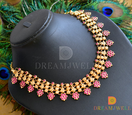 Gold replica Kerala style AD pink stone Lakshmi necklace dj-36414