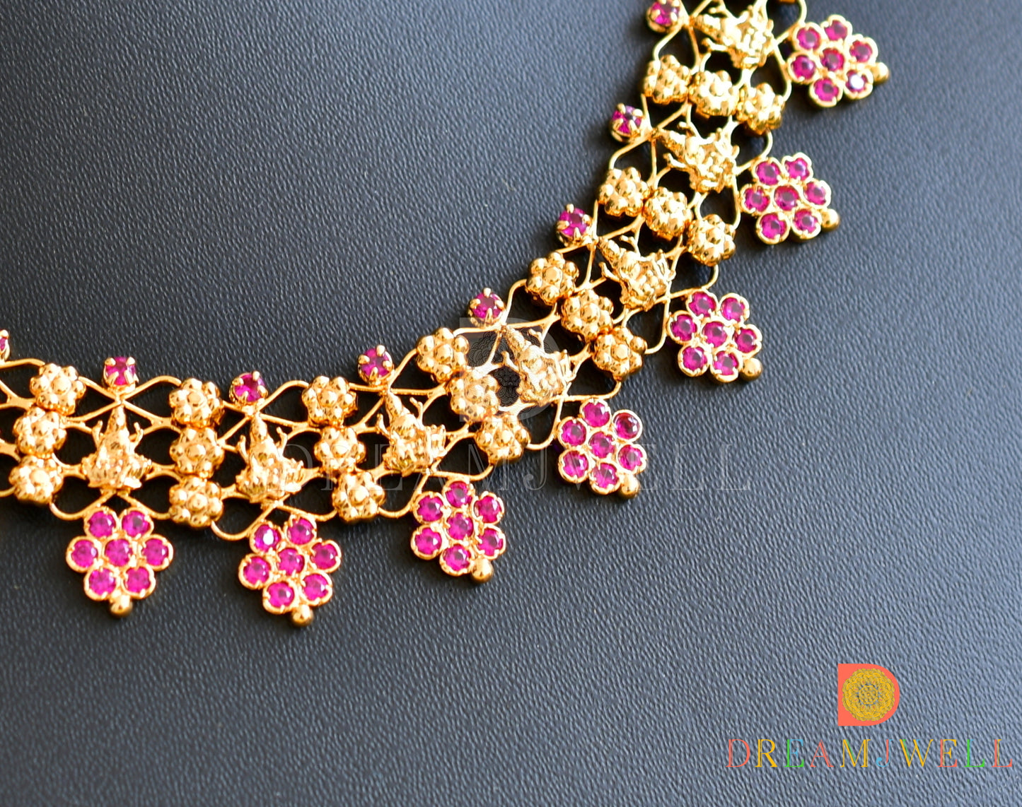 Gold replica Kerala style AD pink stone Lakshmi necklace dj-36414