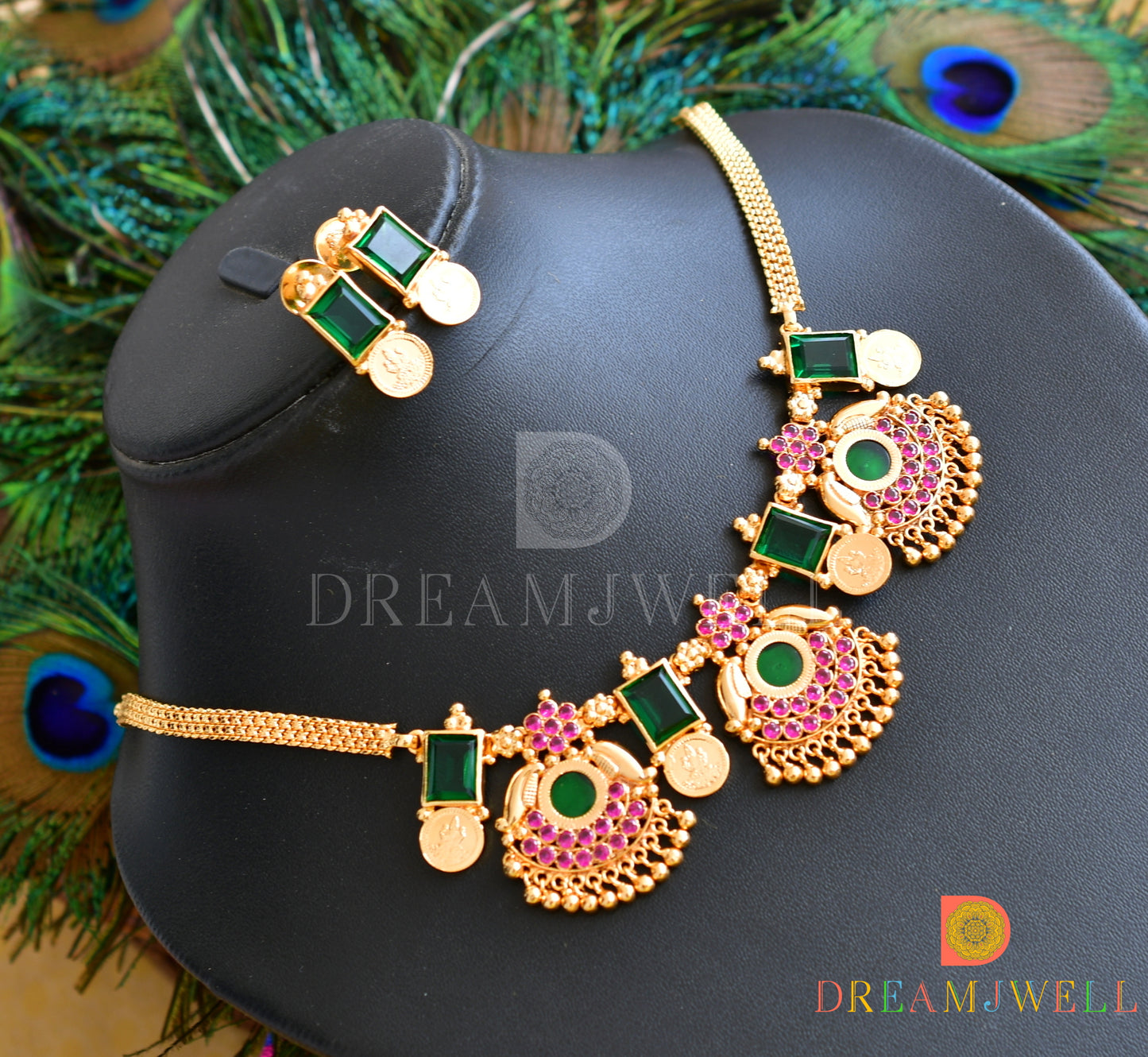 Gold replica AD Pink stone green round Kerala style necklace set dj-36413