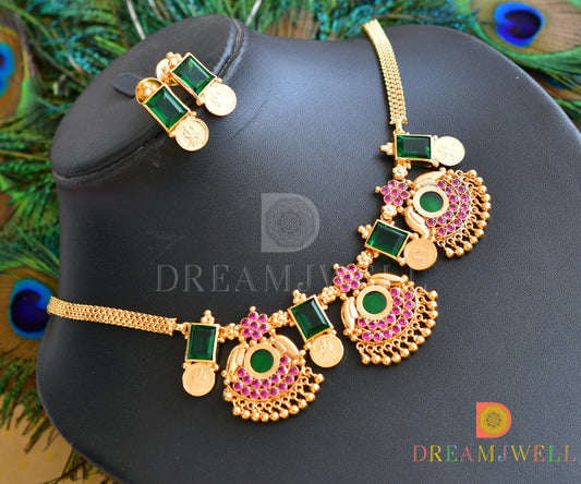 Gold replica AD Pink stone green round Kerala style necklace set dj-36413