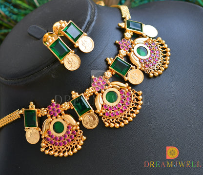 Gold replica AD Pink stone green round Kerala style necklace set dj-36413