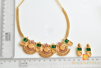 Gold replica AD Pink stone green round Kerala style necklace set dj-36413