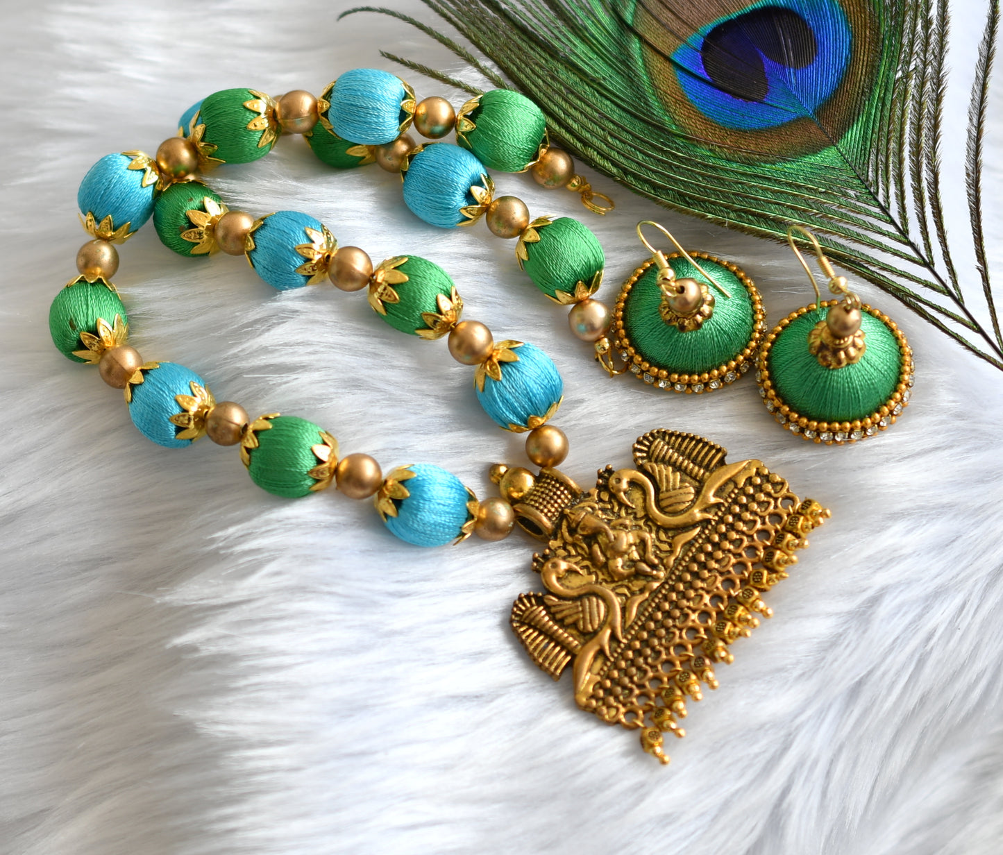 Antique peacock pendant sky blue-green silk thread Necklace set dj-38822