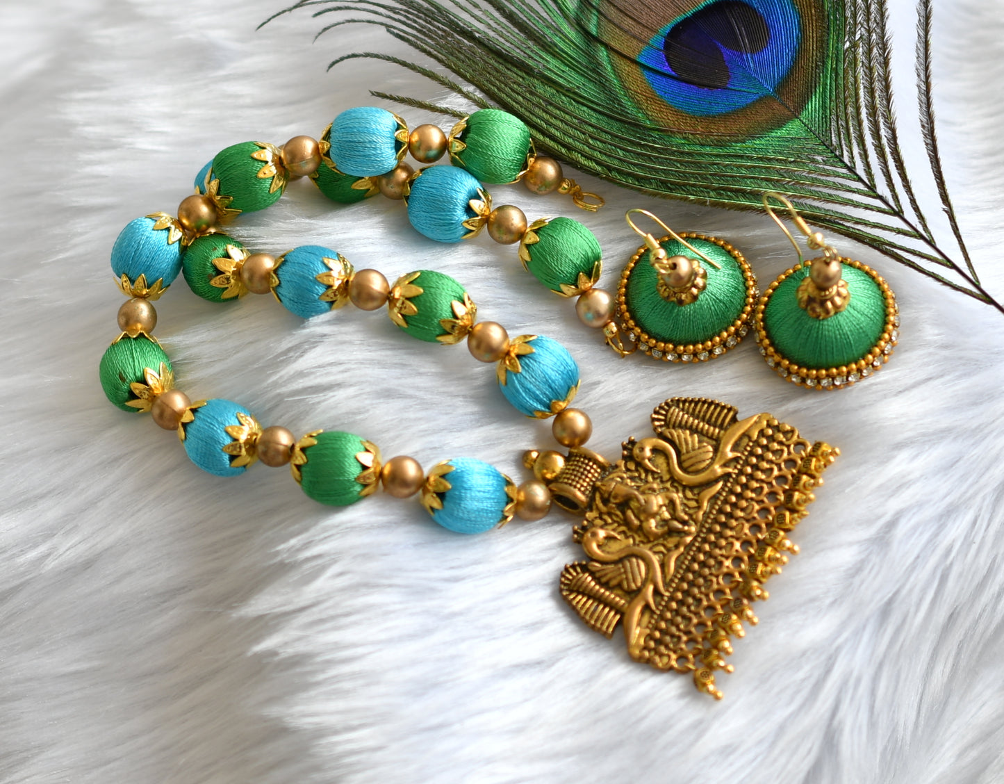Antique peacock pendant sky blue-green silk thread Necklace set dj-38822