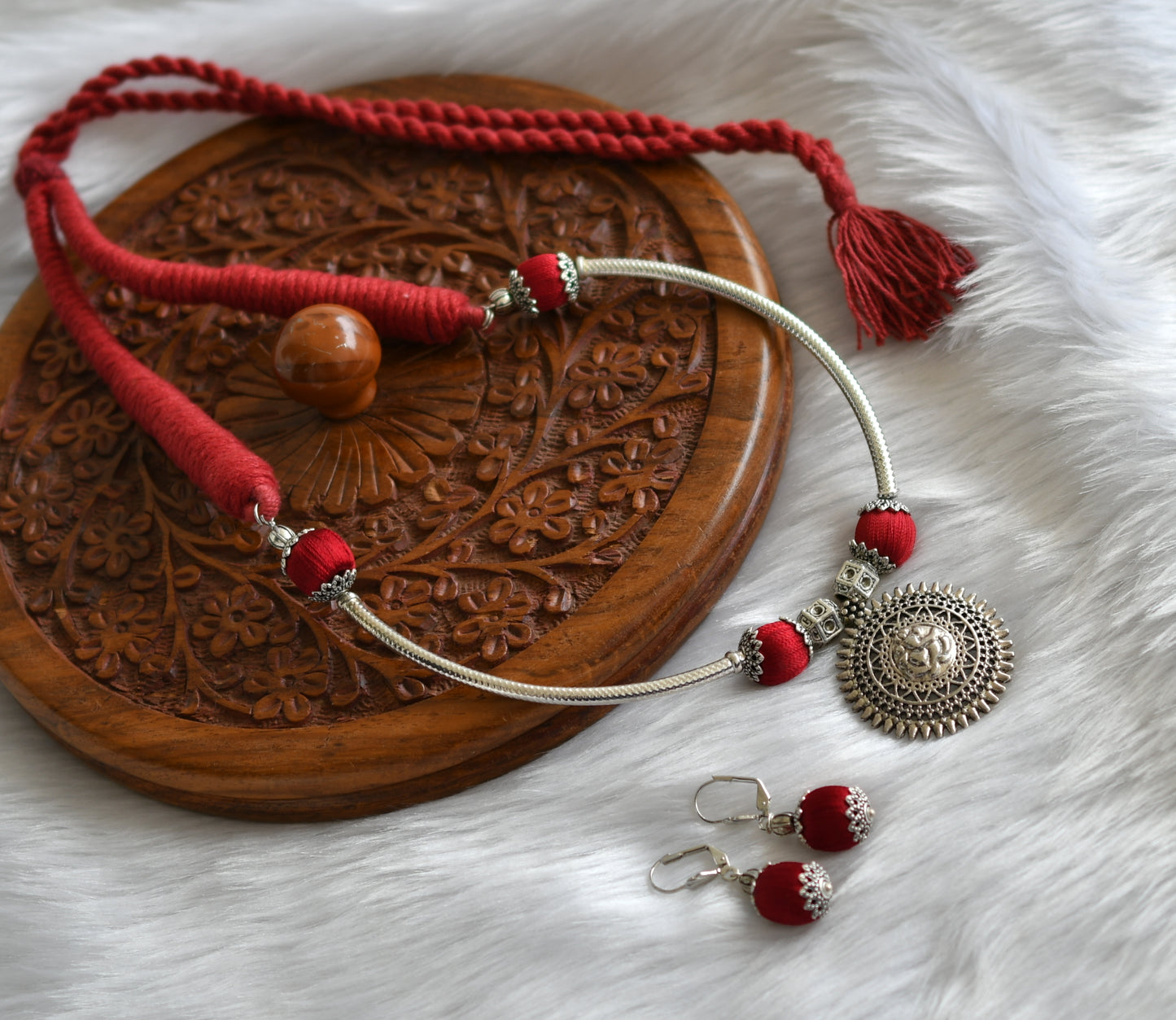 Silver tone red silk thread Ganesha necklace set dj-21254