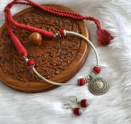 Silver tone red silk thread Ganesha necklace set dj-21254