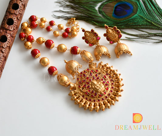 Matte finish coral color beaded Lakshmi necklace set dj-07779