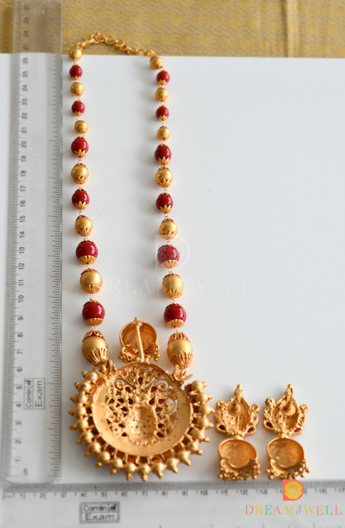 Matte Finish Coral color beaded Lakshmi necklace set  dj-07780