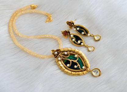 Antique gold tone pearl kundan peacock feather pendant set dj-25371