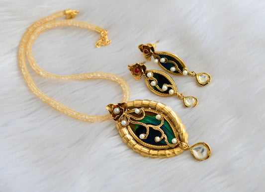 Antique gold tone pearl kundan peacock feather pendant set dj-25371