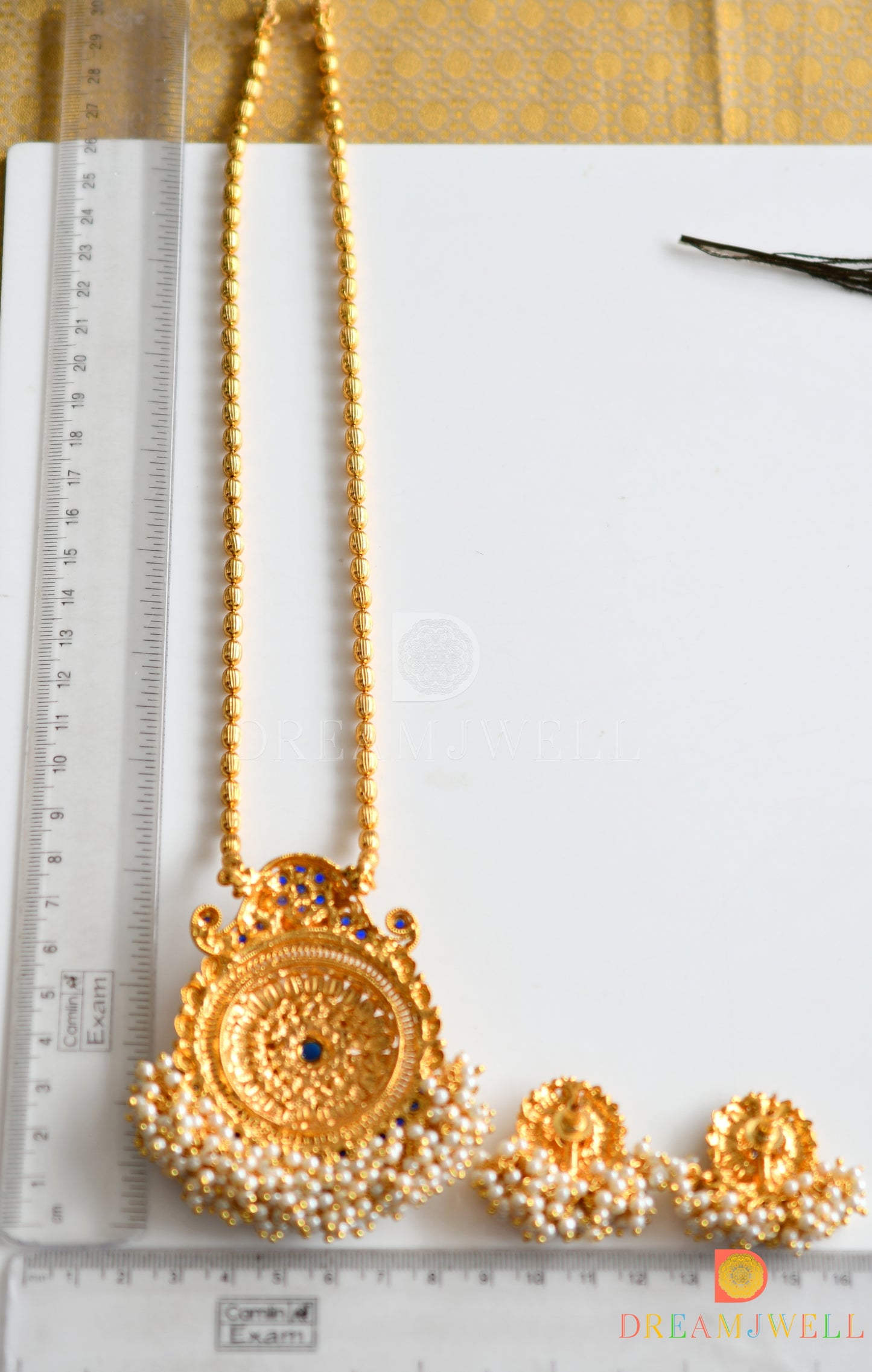 Antique gold tone Pearl Cluster Blue Long Necklace Set dj-07712