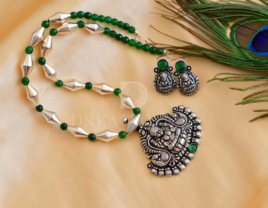 Sliver tone Lakshmi green agates necklace set dj-35689