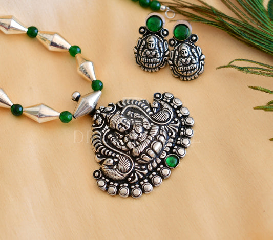 Sliver tone Lakshmi green agates necklace set dj-35689