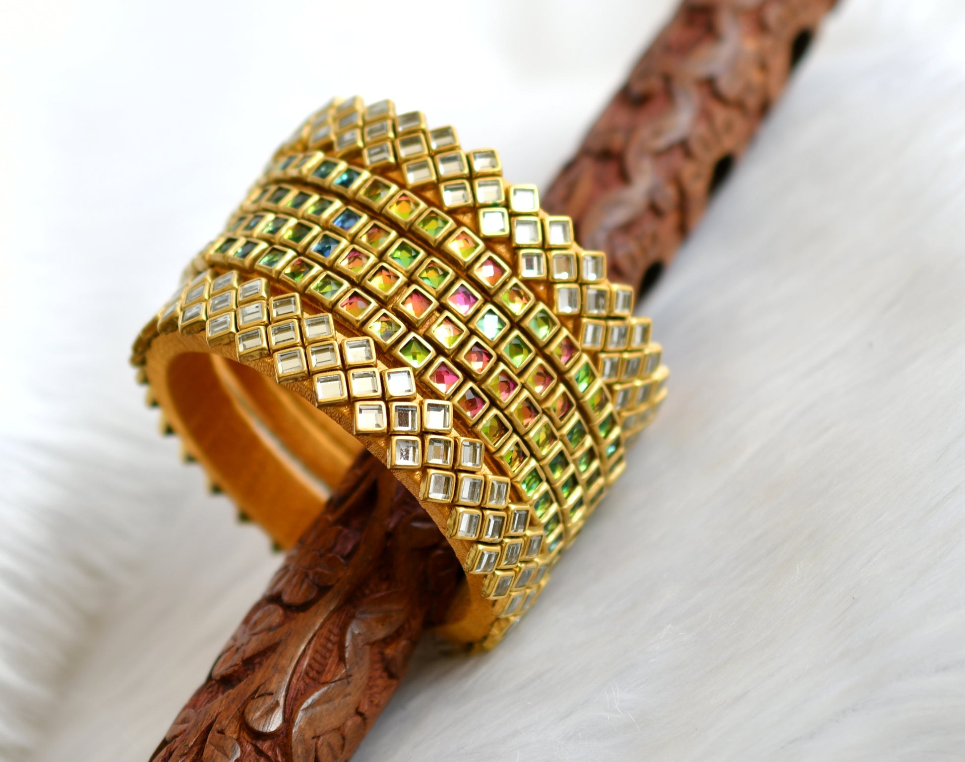 Gold tone silk thread white multi color kundan stone set of