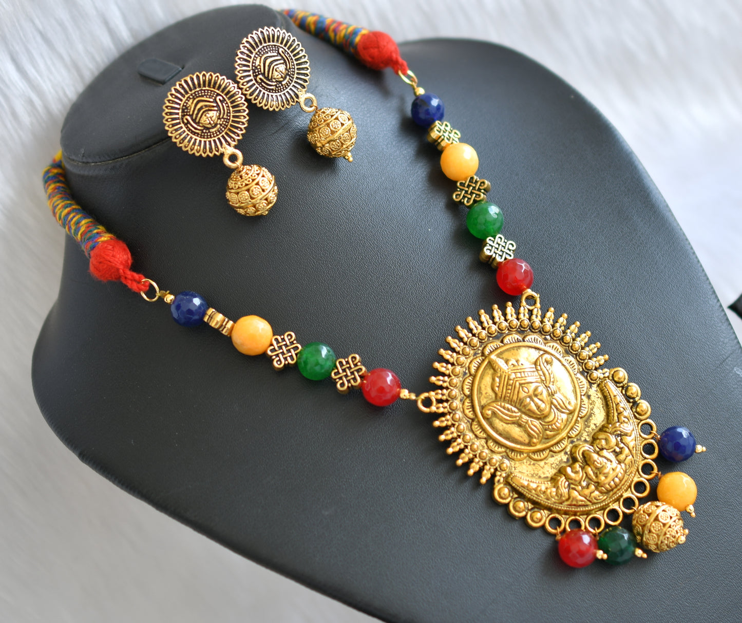 Antique multi color agate durga pendant necklace set dj-19609