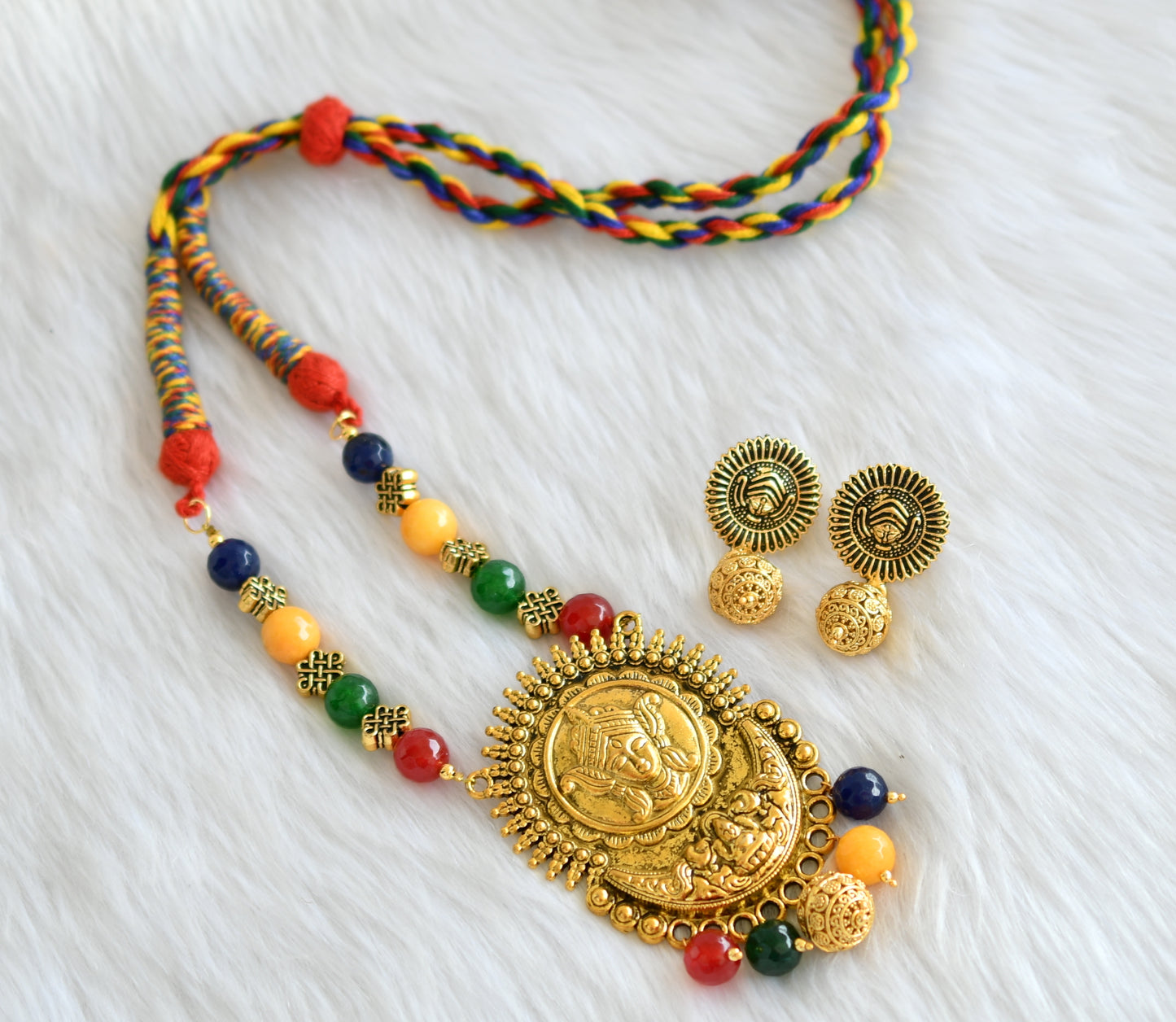 Antique multi color agate durga pendant necklace set dj-19609