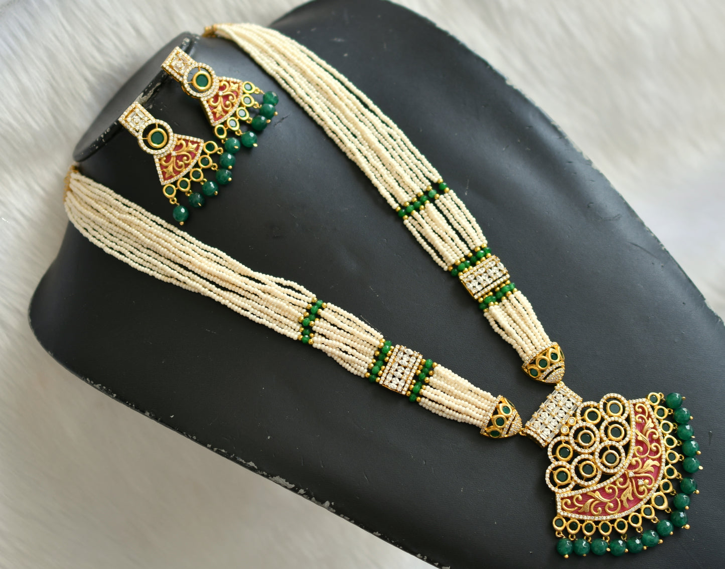 Gold tone white-emerald pearl meenakari haar set dj-19596