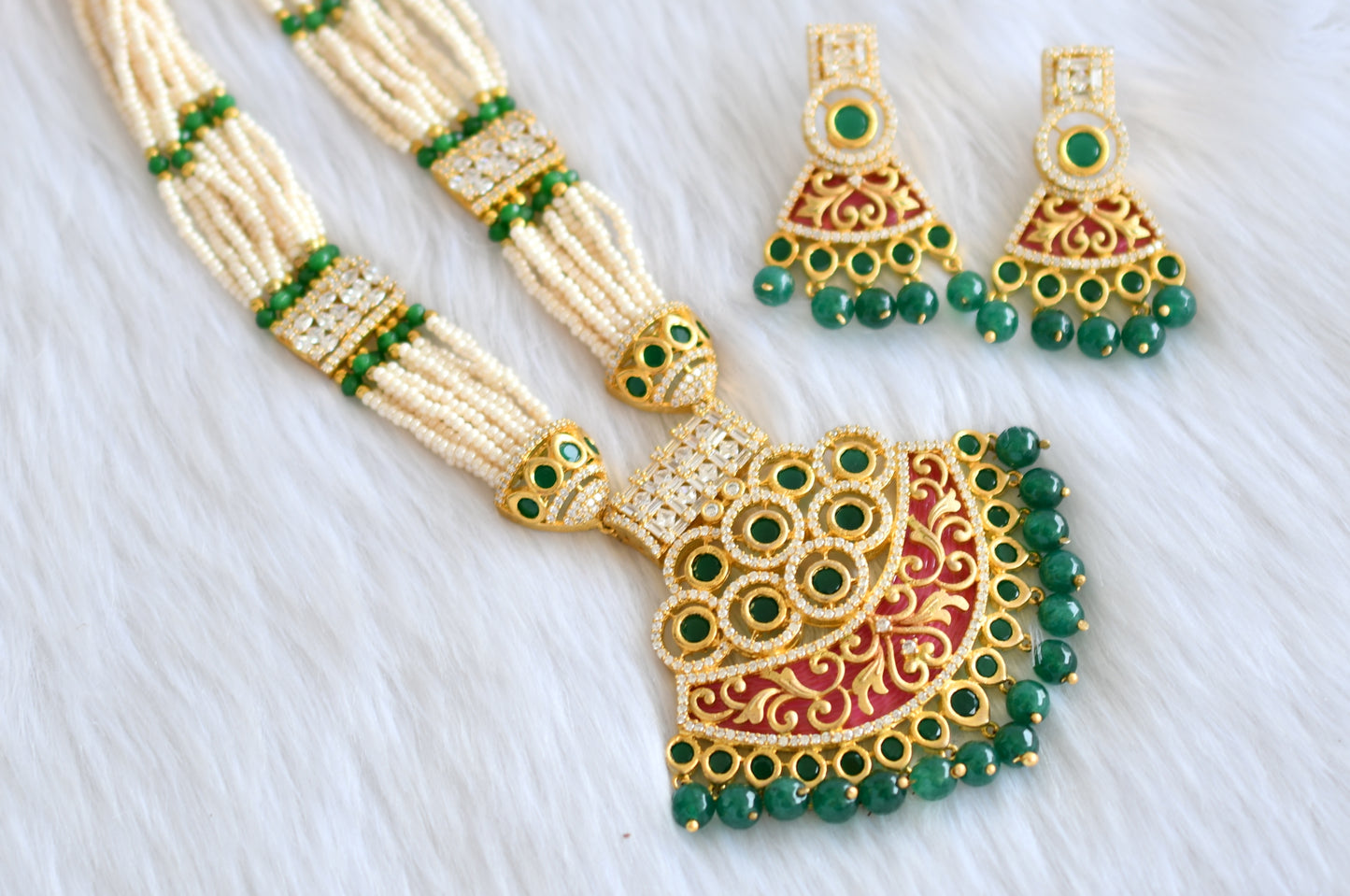 Gold tone white-emerald pearl meenakari haar set dj-19596