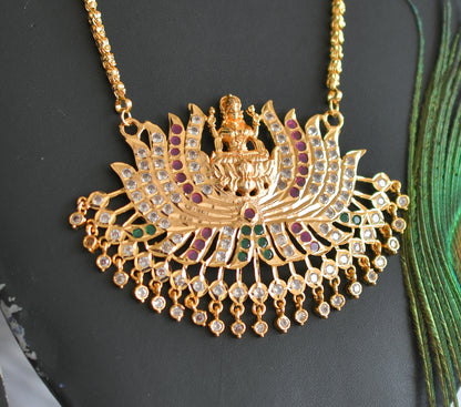 Gold tone ruby-white-green stone Lakshmi Lotus pendant with chain dj-38640