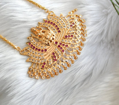 Gold tone ruby-white stone Lakshmi Lotus pendant with chain dj-38638