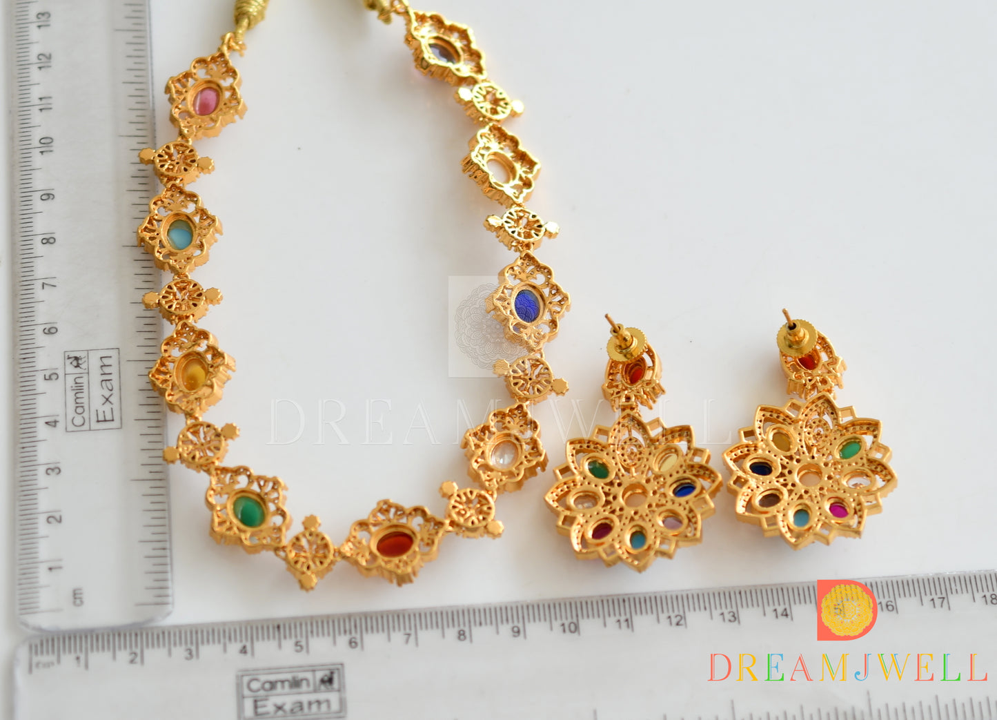 Gold Tone Cz Navarathna Flower necklace set dj-32765