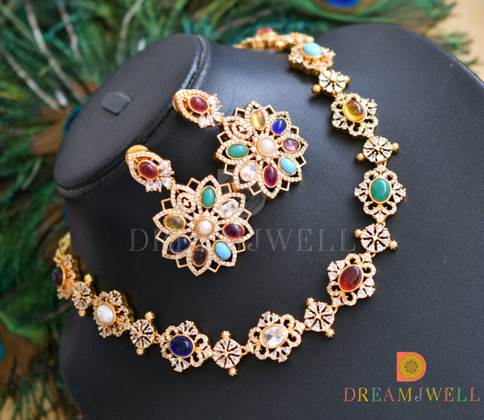 Gold Tone Cz Navarathna Flower necklace set dj-32765