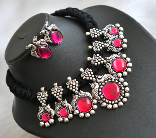 Silver tone pink stone peacock-Greps black thread necklace set dj-40176