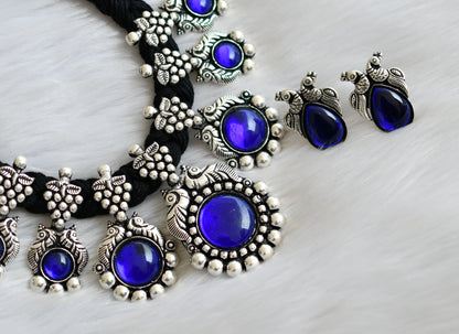 Silver tone blue stone peacock-Greps black thread necklace set dj-40177