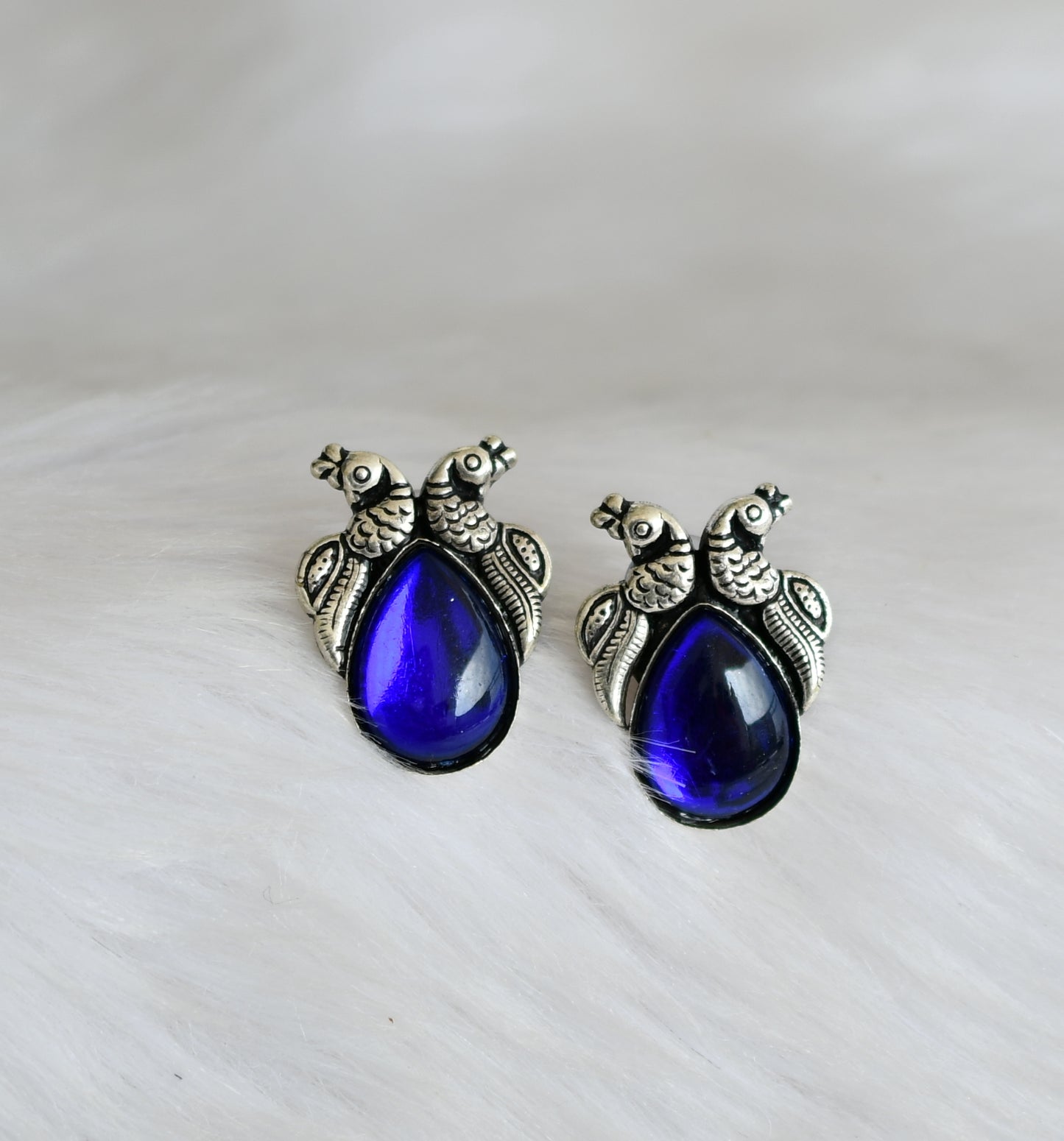 Silver tone blue stone peacock-Greps black thread necklace set dj-40177