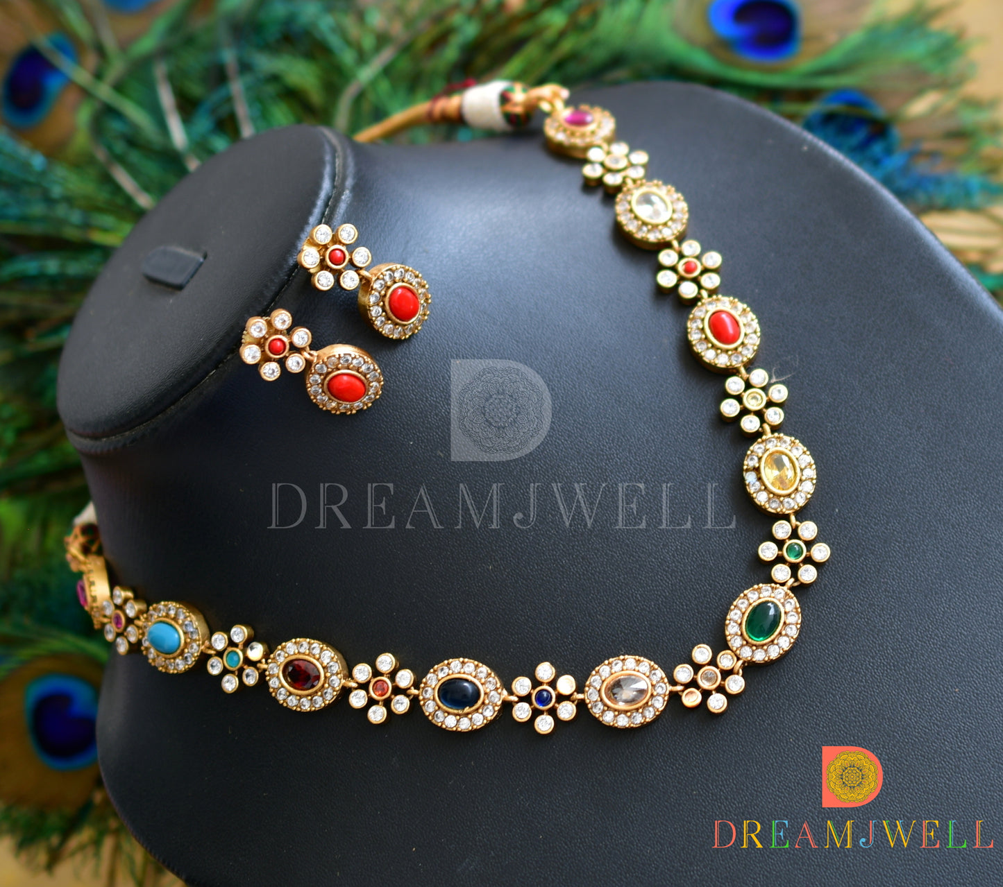 Matte Finish Cz Navarathna Flower Necklace Set DJ32647