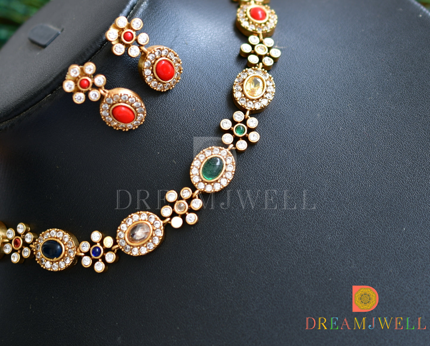 Matte Finish Cz Navarathna Flower Necklace Set DJ32647