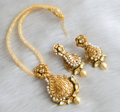 Antique gold tone white pearl kundan necklace set dj-02980