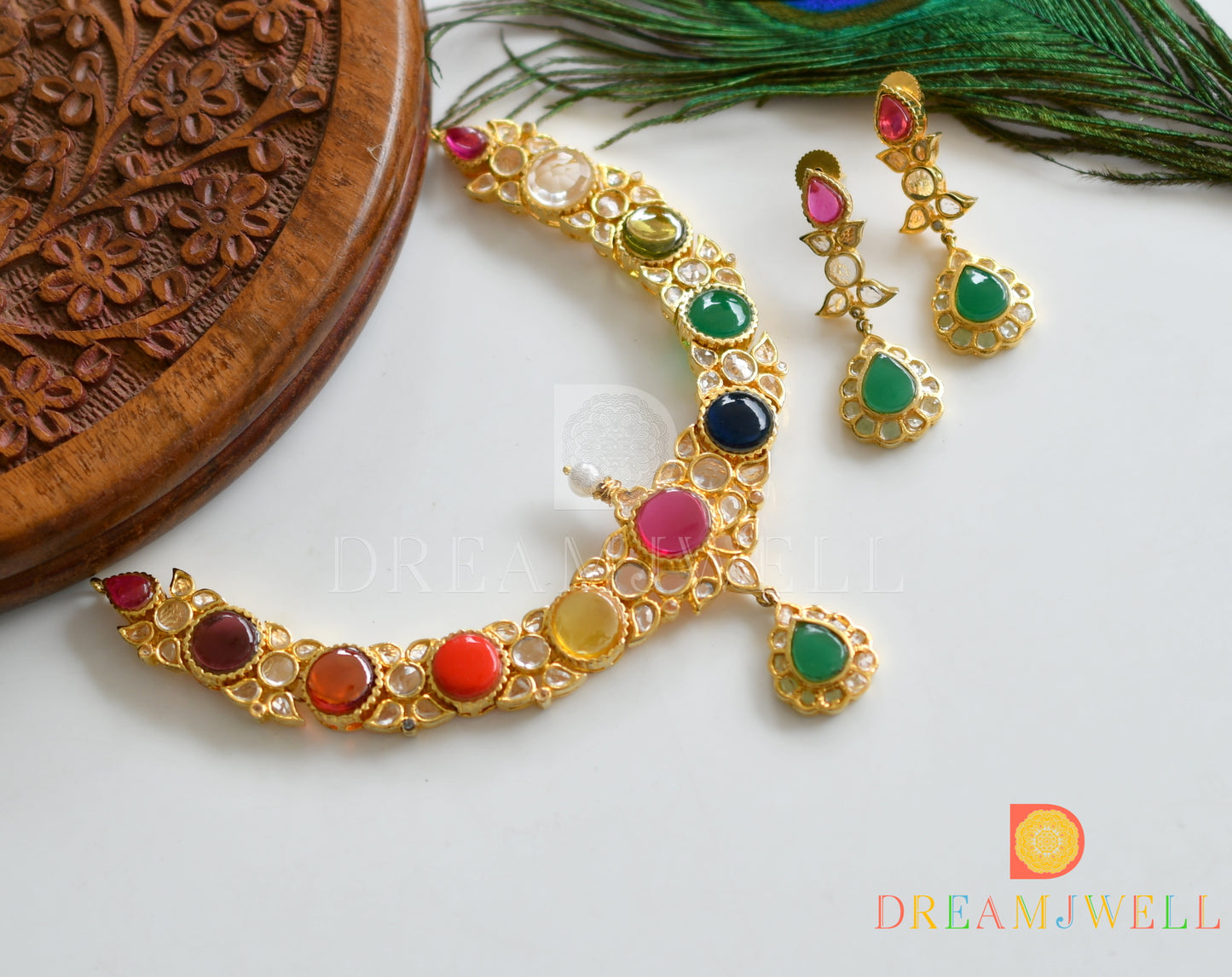 Gold plated semiprecious Navarathna Real uncut stone necklace set dj-20876