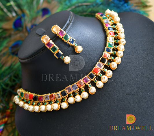 Gold tone Navarathna real uncut polki square stone necklace set dj-20874