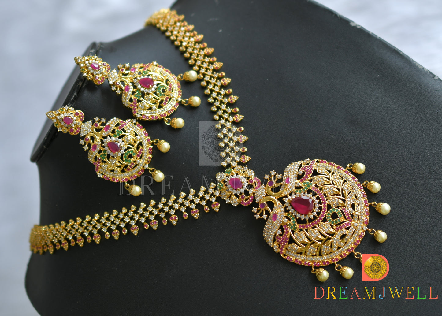 Gold plated cz ruby-emerald peacock short haar set dj-21773