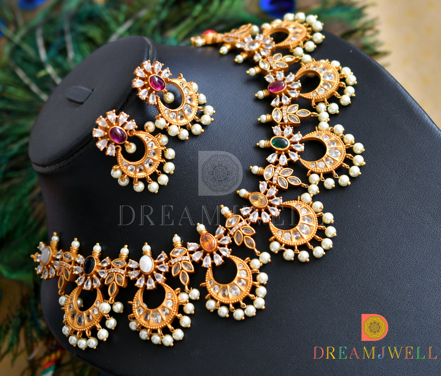 Matte Finish Cz Navarathna pearl bali necklace set dj-30630