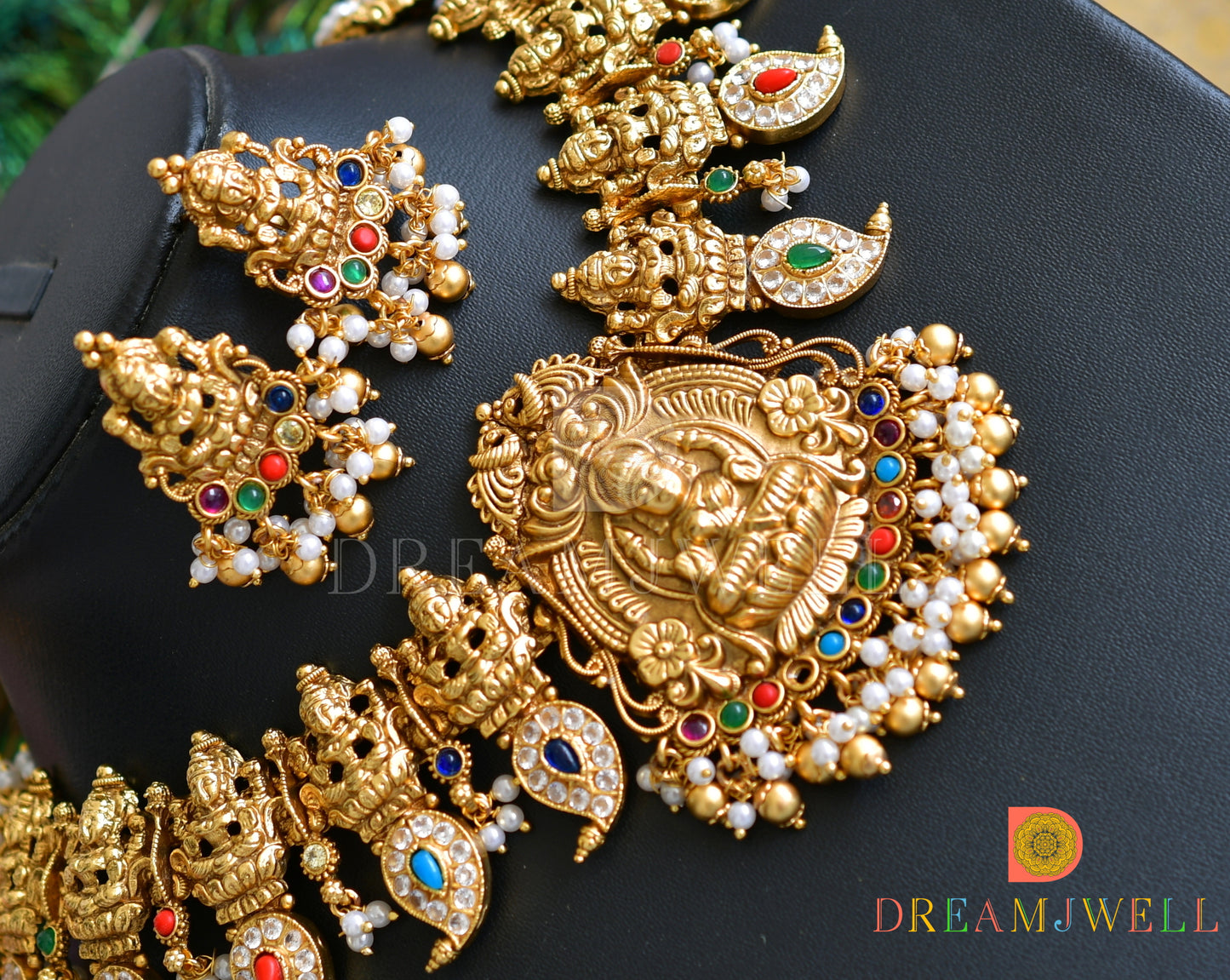 Antique gold navarathna stones lakshmi-mongo designer necklace set dj-34204
